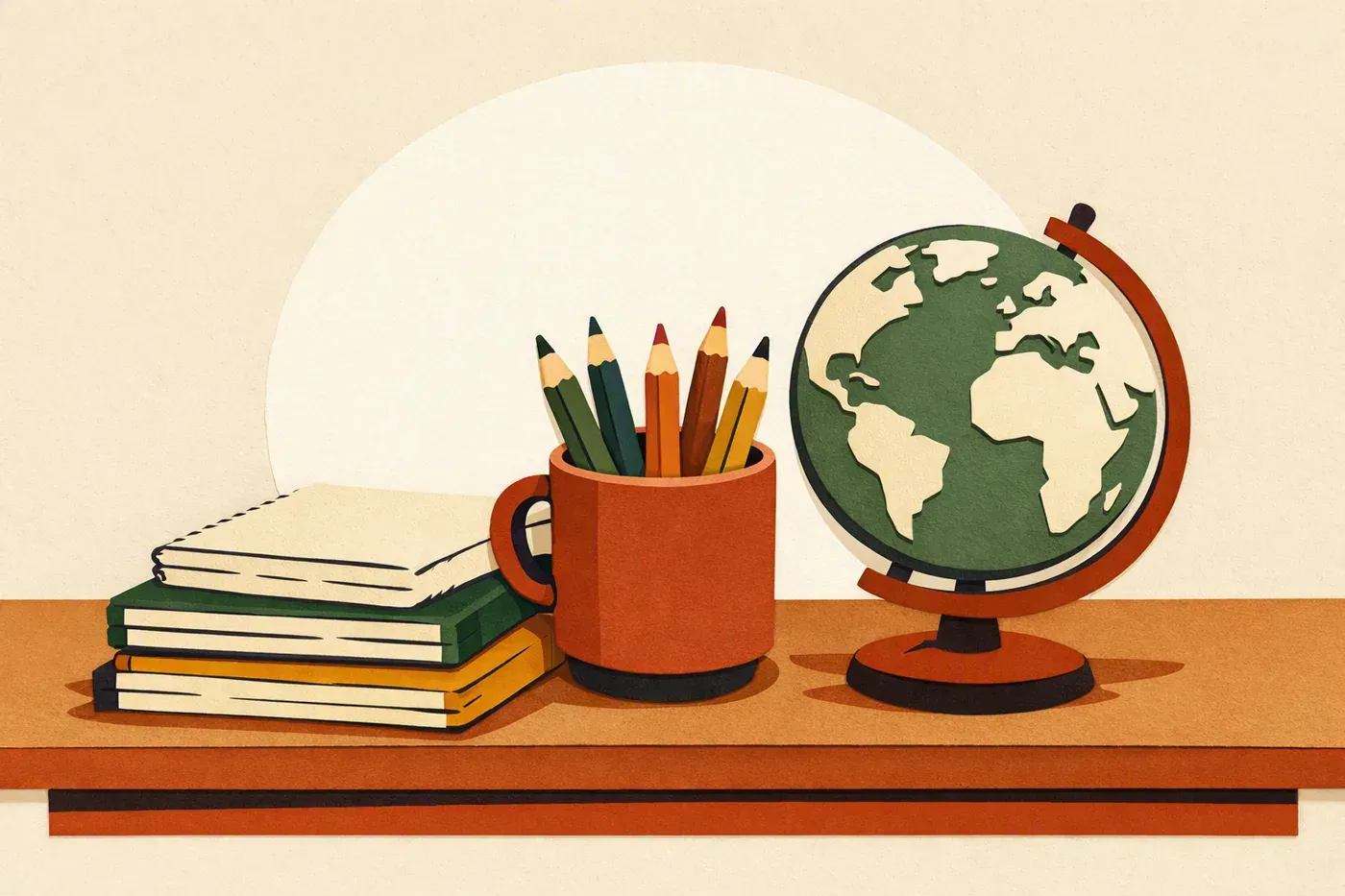 Des cahiers empilés, un pot à crayons et un globe sur une table.