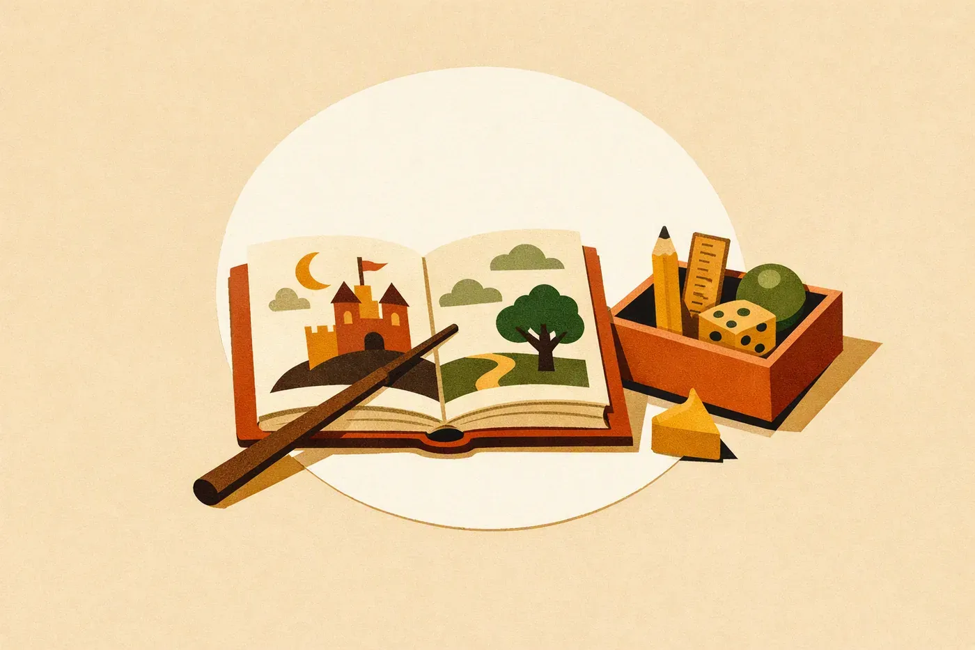 Livre d’histoires ouvert, baguette en bois et boîte d’objets de classe.