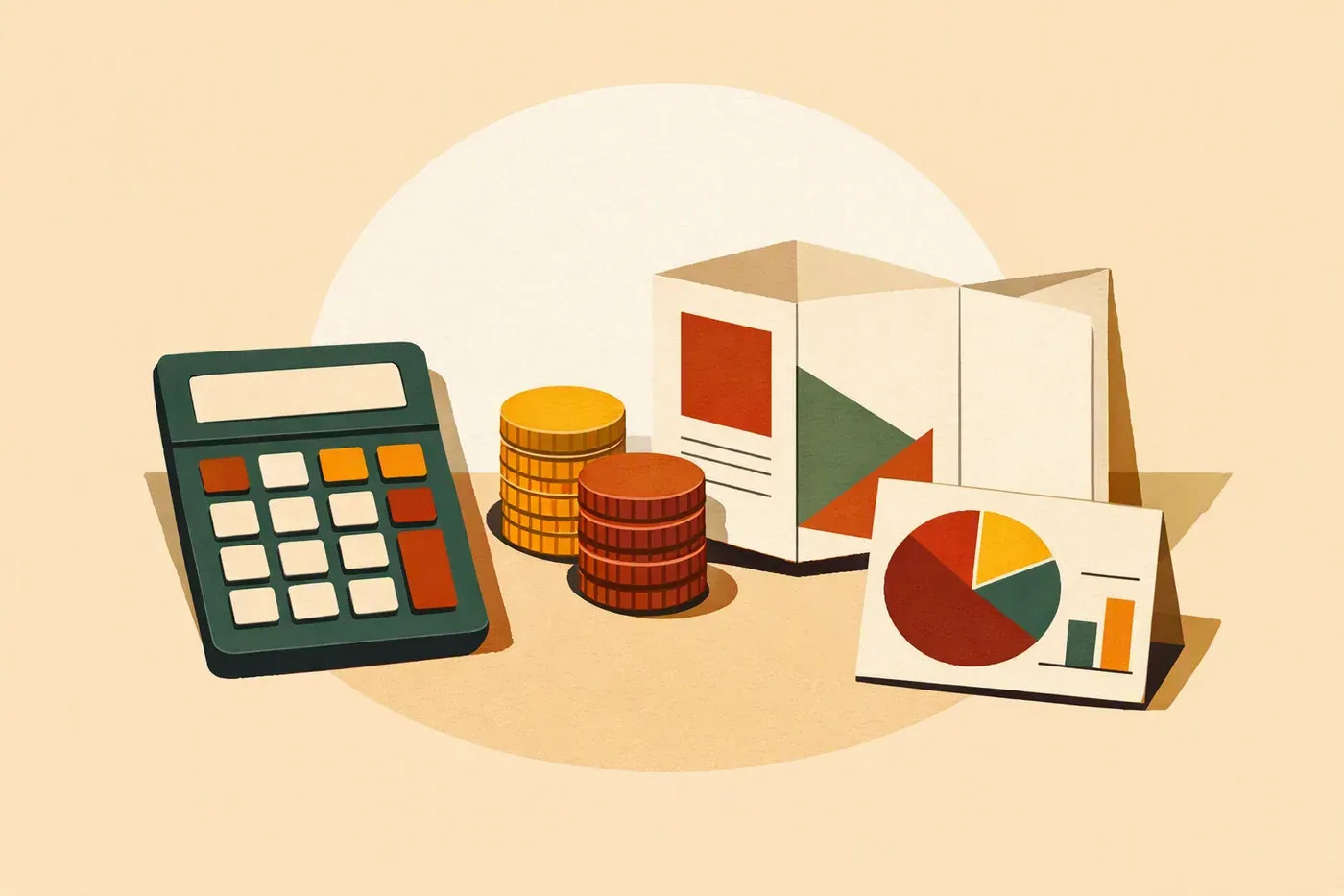 Calculatrice, pièces, brochure pliée et carte graphique posées sur une table claire.