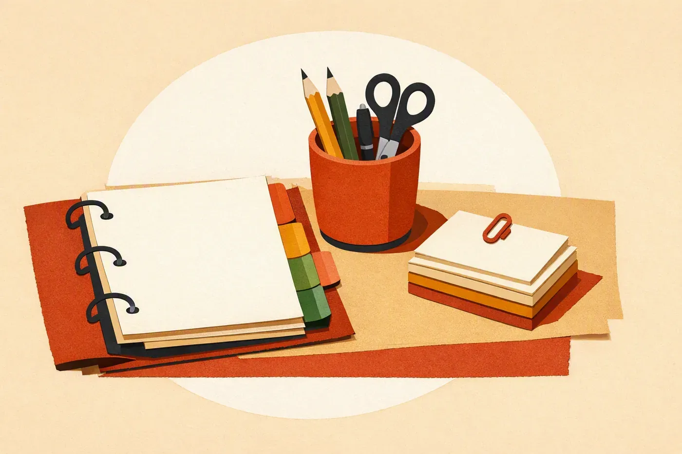 Classeur à onglets, pot à crayons et cartes pédagogiques sur une table.