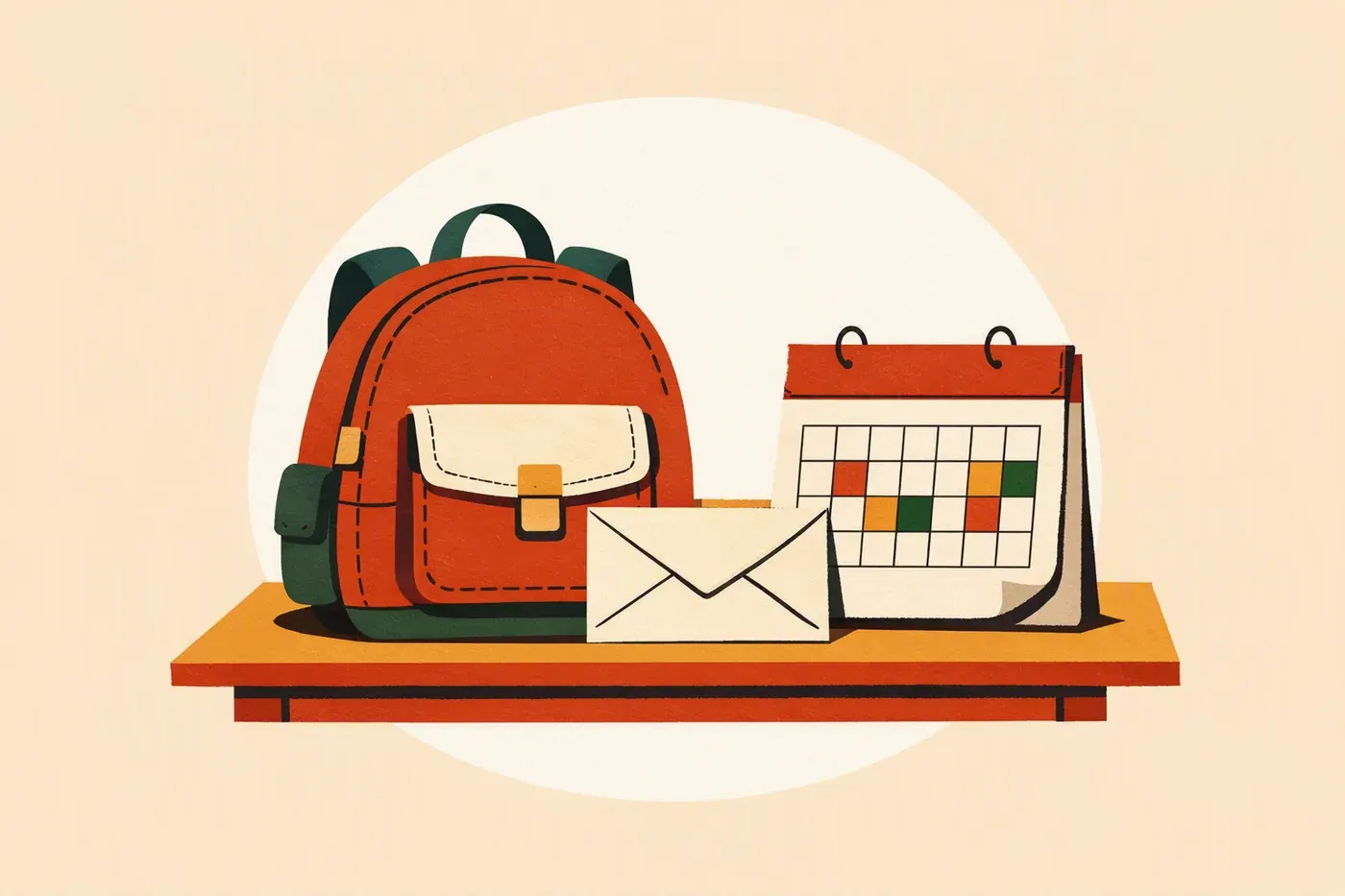 Sac scolaire, enveloppe et calendrier papier sur une table en bois