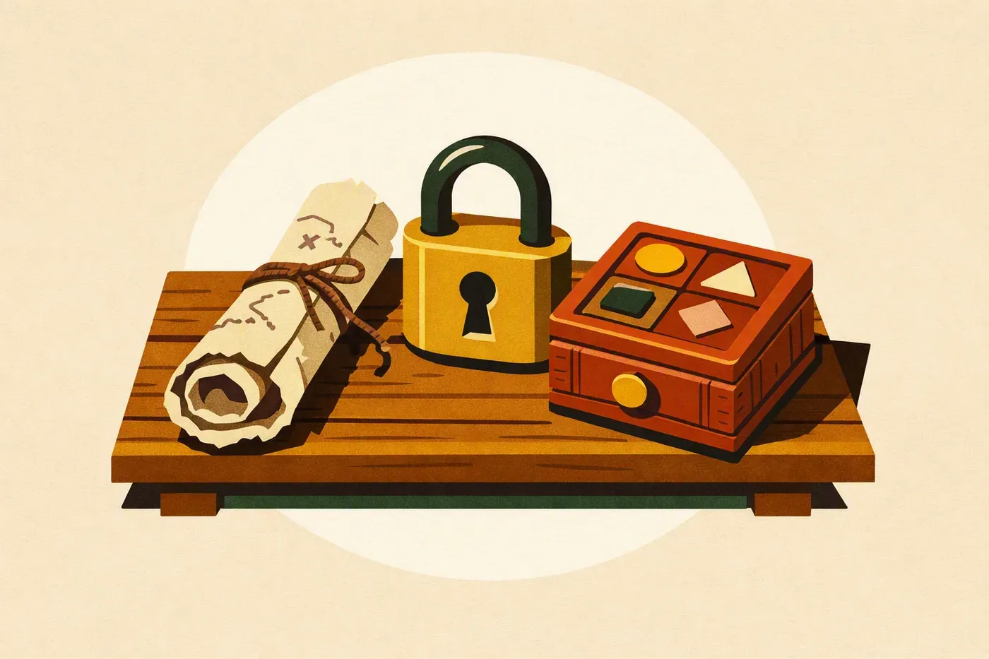 Cadenas, carte roulée et boîte puzzle posés sur une table en bois.