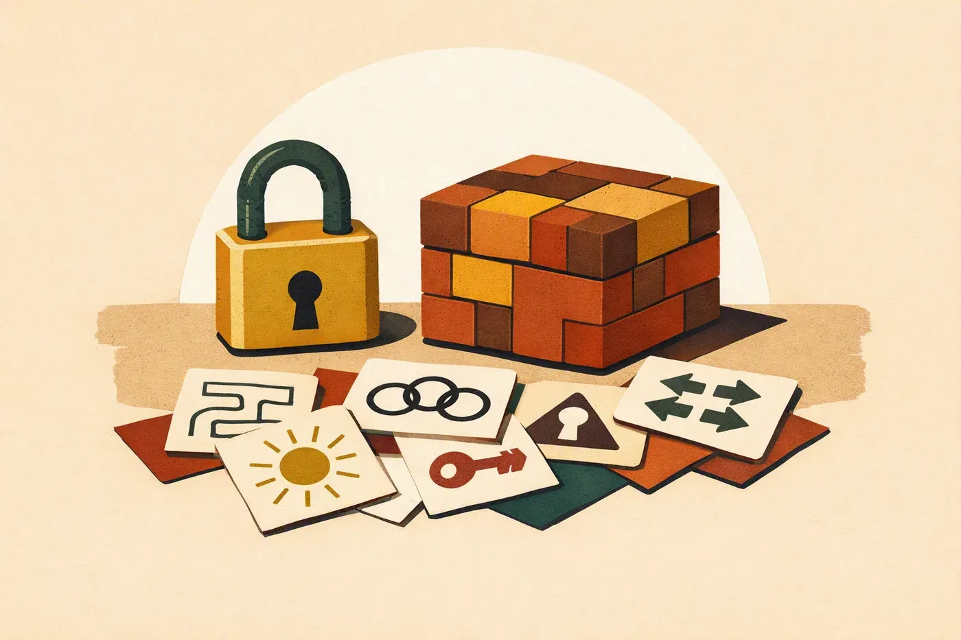 Table avec cadenas, boîte puzzle en bois et cartes indices aux symboles abstraits.