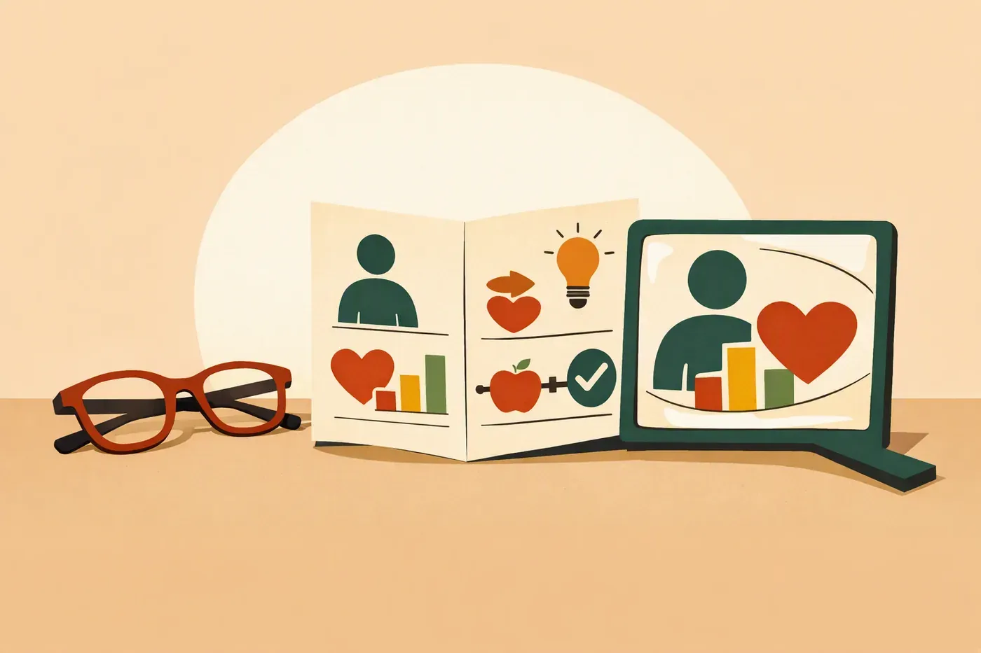 Lunettes, feuillet simplifié à pictogrammes et loupe de lecture sur une table.