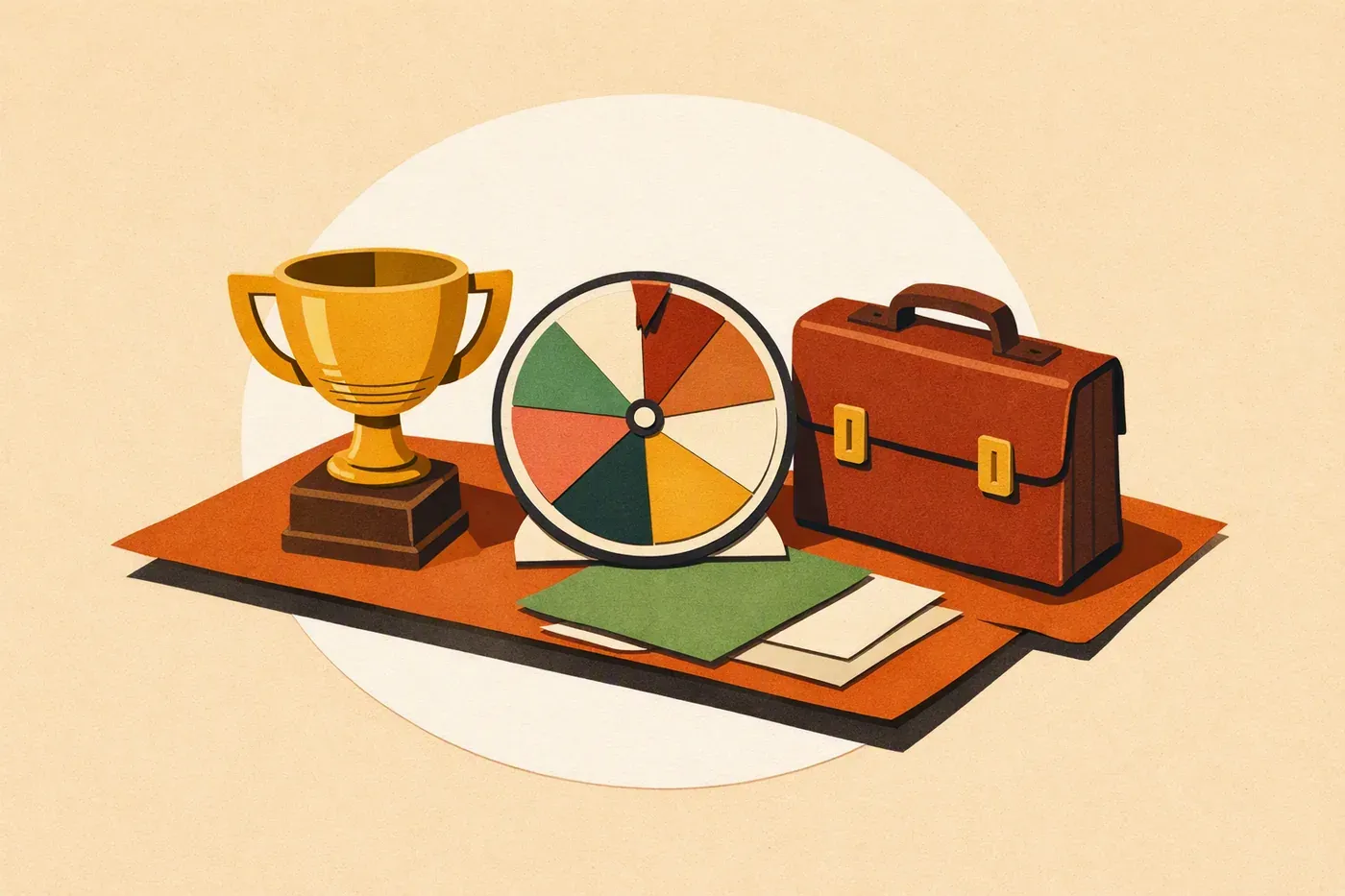 Trophée, roue tournante neutre et mallette posés sur une table.