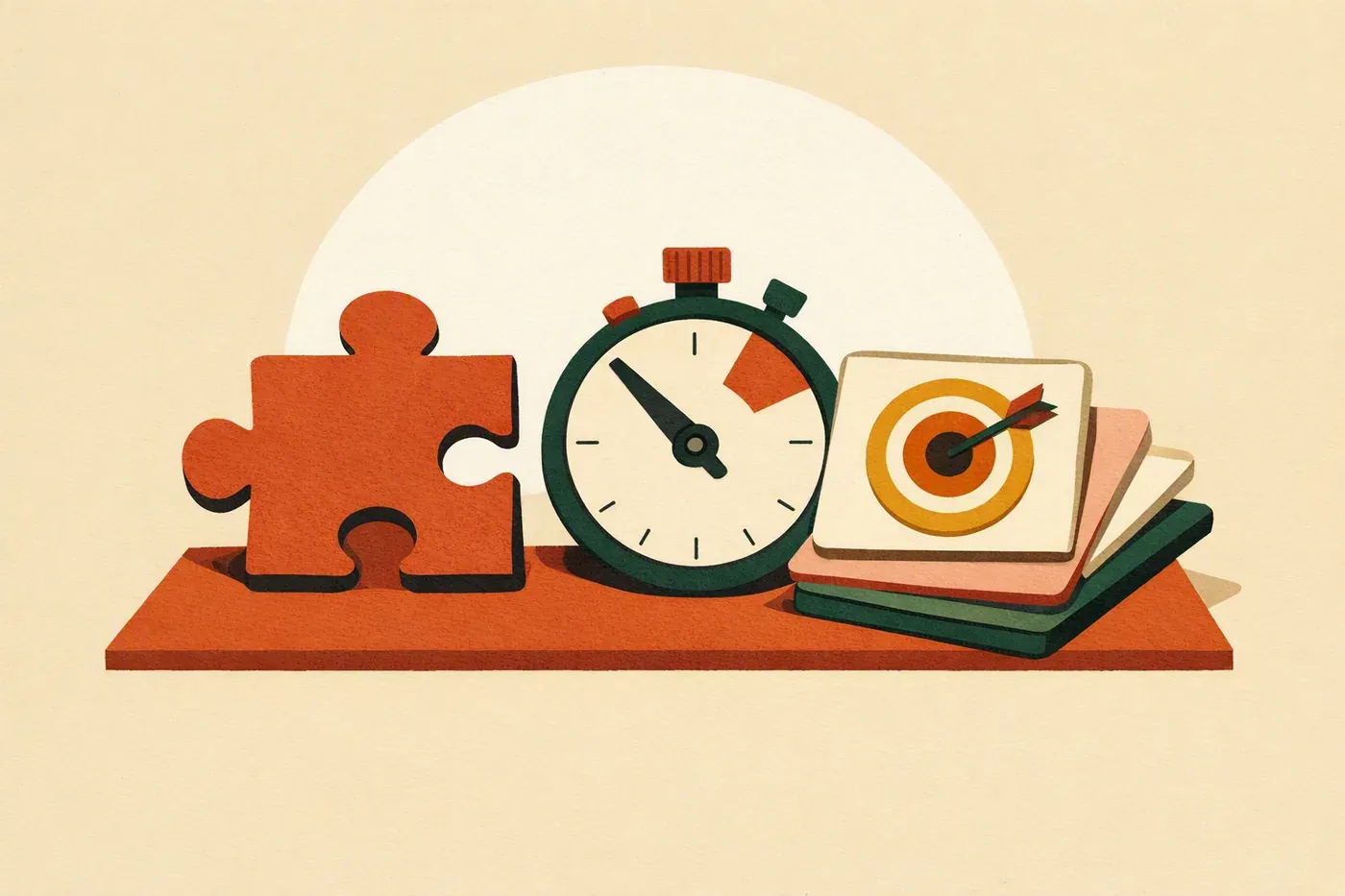 Une pièce de puzzle, un chronomètre et des cartes d’apprentissage sur une table.