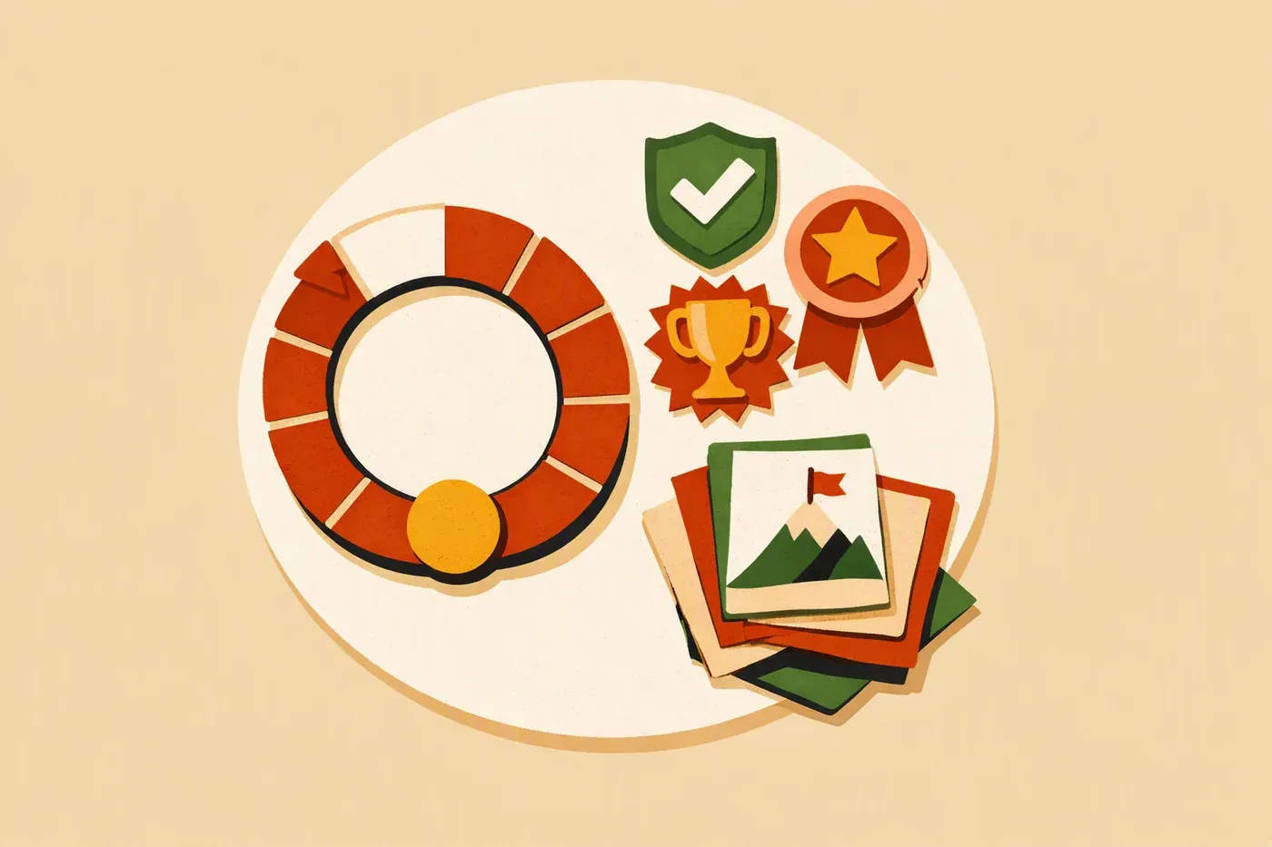 Parcours circulaire, badges de récompense et cartes de défi en vue plongeante.