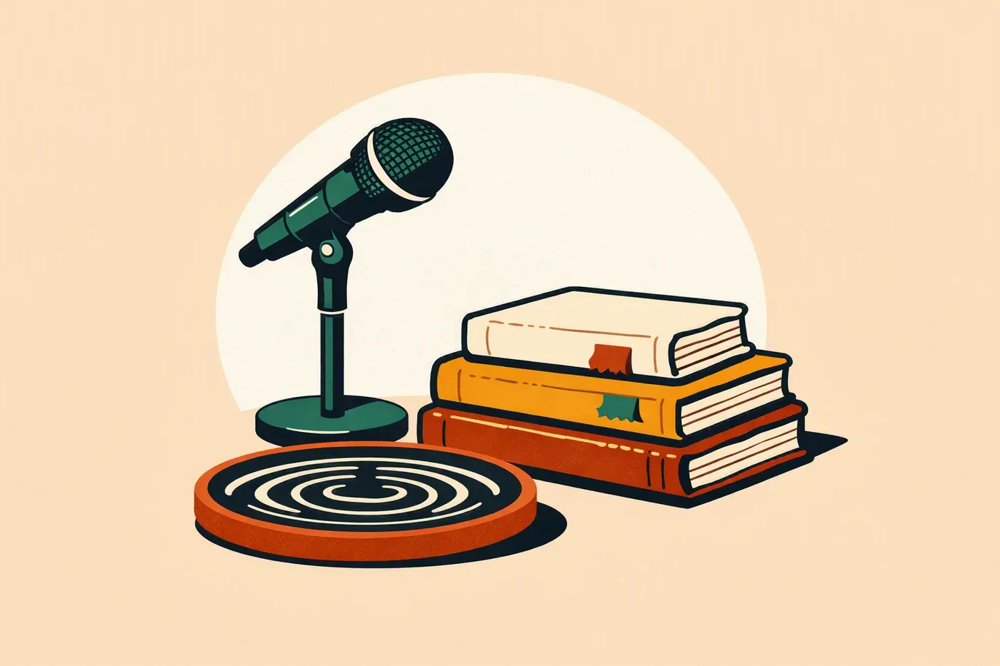 Microphone, manuels empilés et bac circulaire avec ondes sur une table.