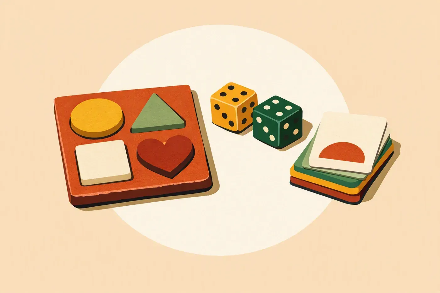 Puzzle en bois, dés colorés et cartes pédagogiques posés sur une table.