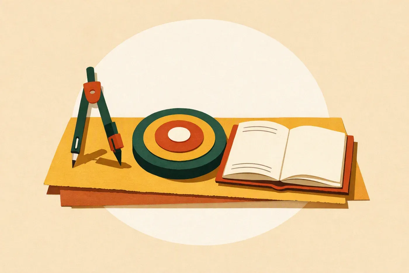 Compas, cible en papier et cahier ouvert sans inscription sur une table.