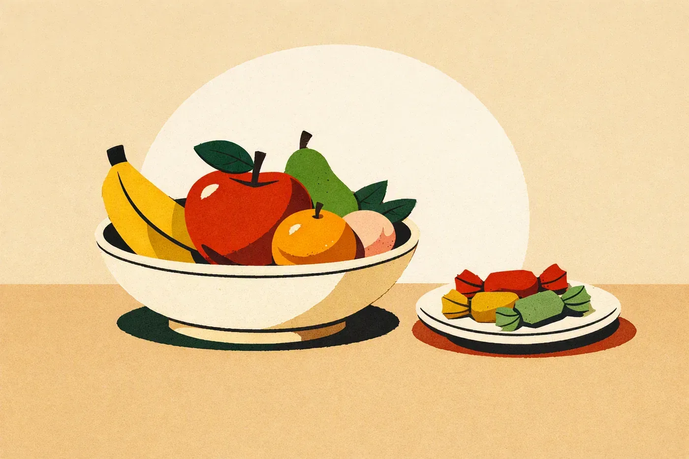 Un saladier de fruits à côté d’une petite coupelle de bonbons emballés sur une table.