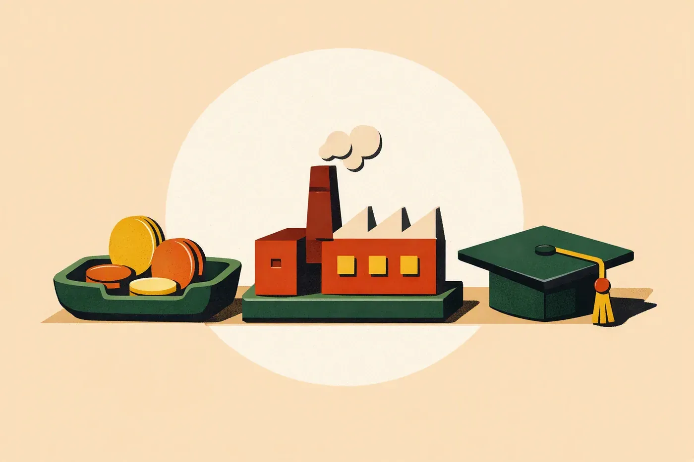 Plateau à pièces, maquette d’usine et toque académique sur surface claire.