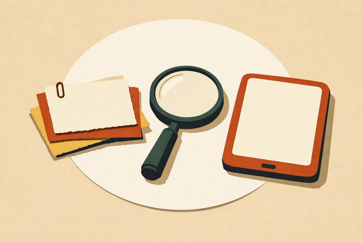 Loupe, cartes mémoire et tablette sans interface sur une table claire.