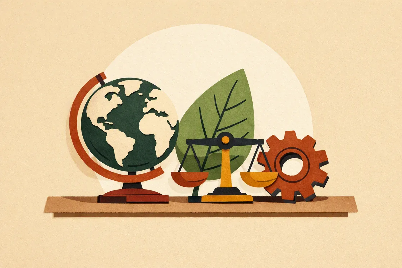 Un globe, une feuille, une balance et un engrenage sur un plan neutre.