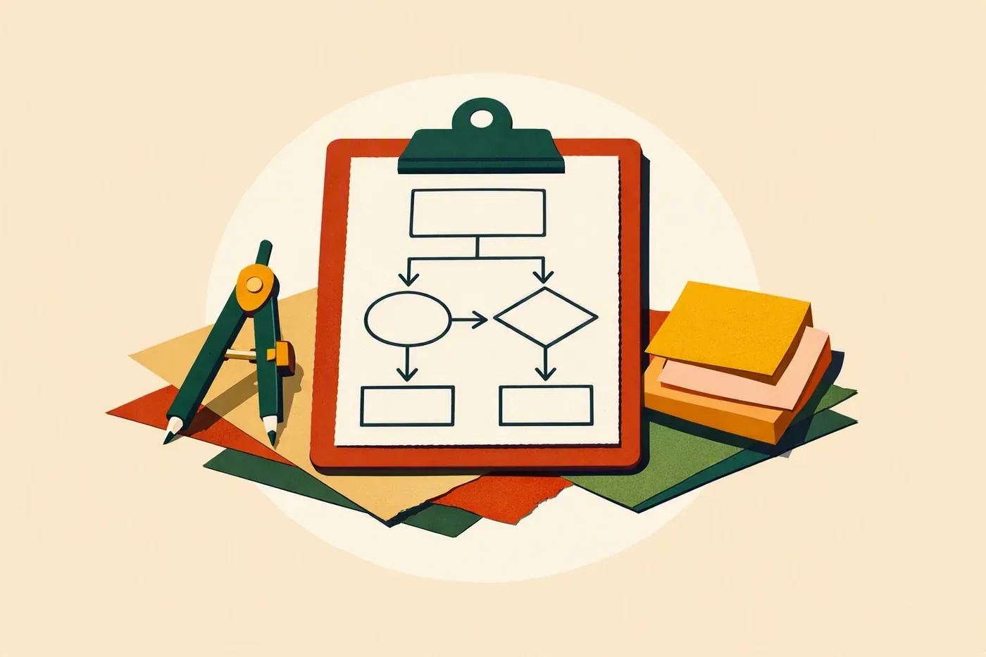 Porte-bloc, compas et notes adhésives disposés sur un bureau.
