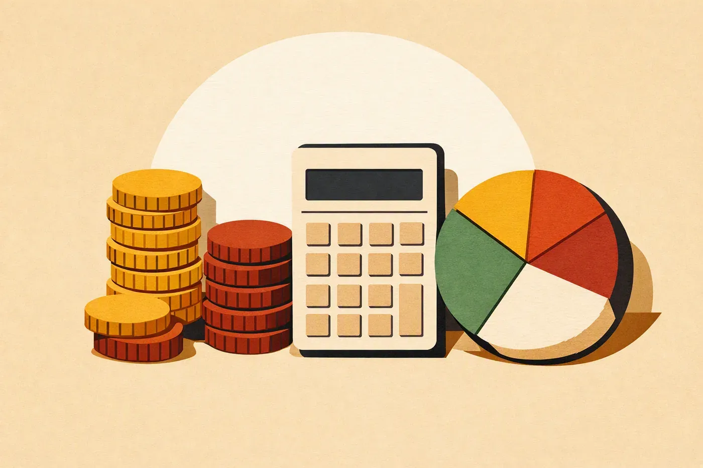 Pièces empilées, calculatrice neutre et diagramme circulaire en papier coloré sur table.