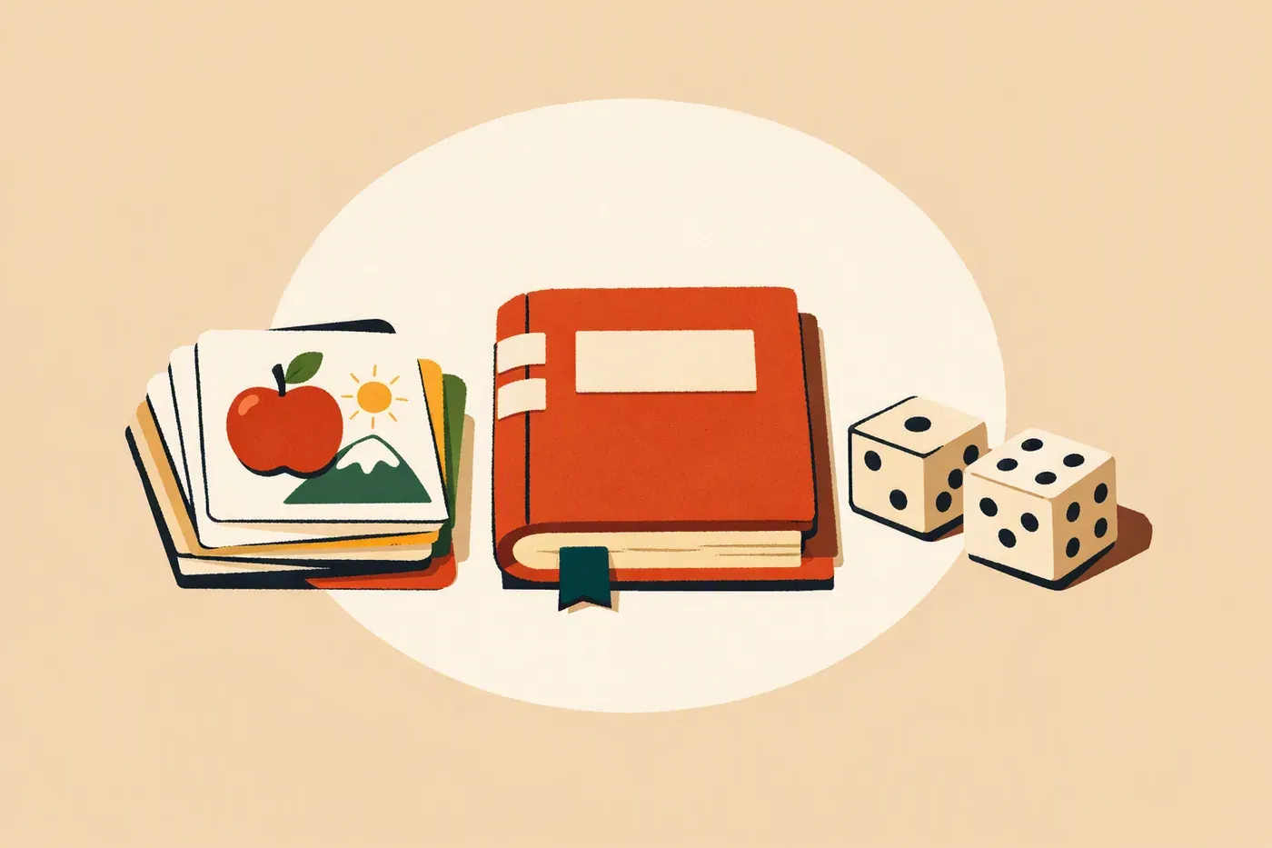 Un jeu de cartes pédagogiques, un livret fermé et des dés sur une table.