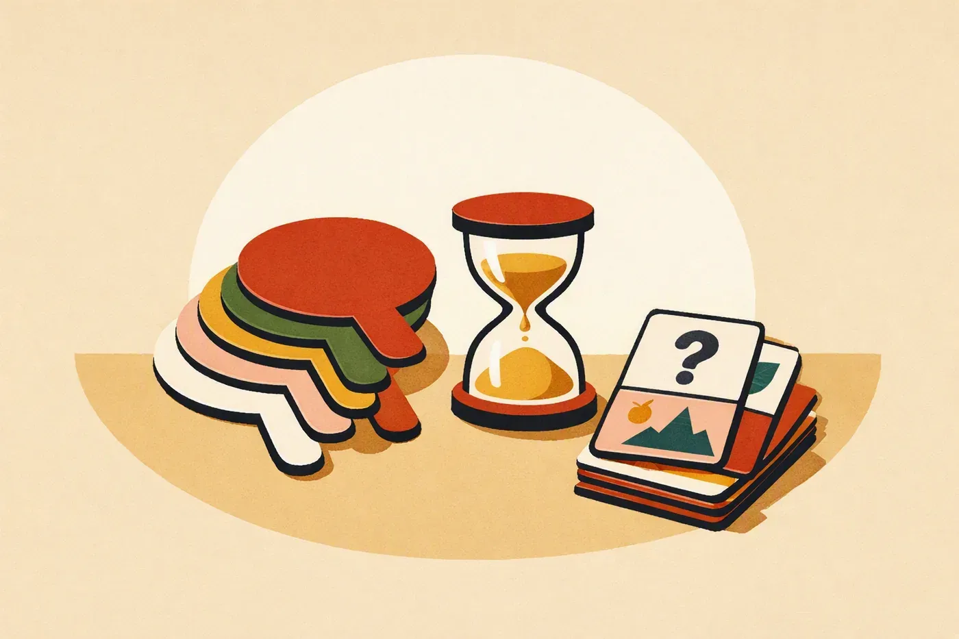 Palette de réponses colorées, sablier et cartes questions illustrées posés sur une table.