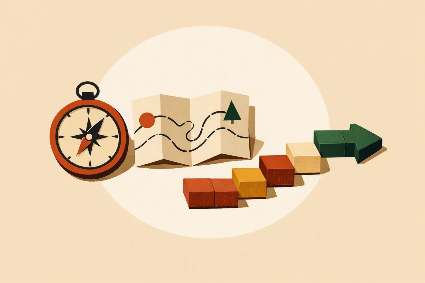 Boussole, carte pliée et chemin de blocs en bois sur une table.