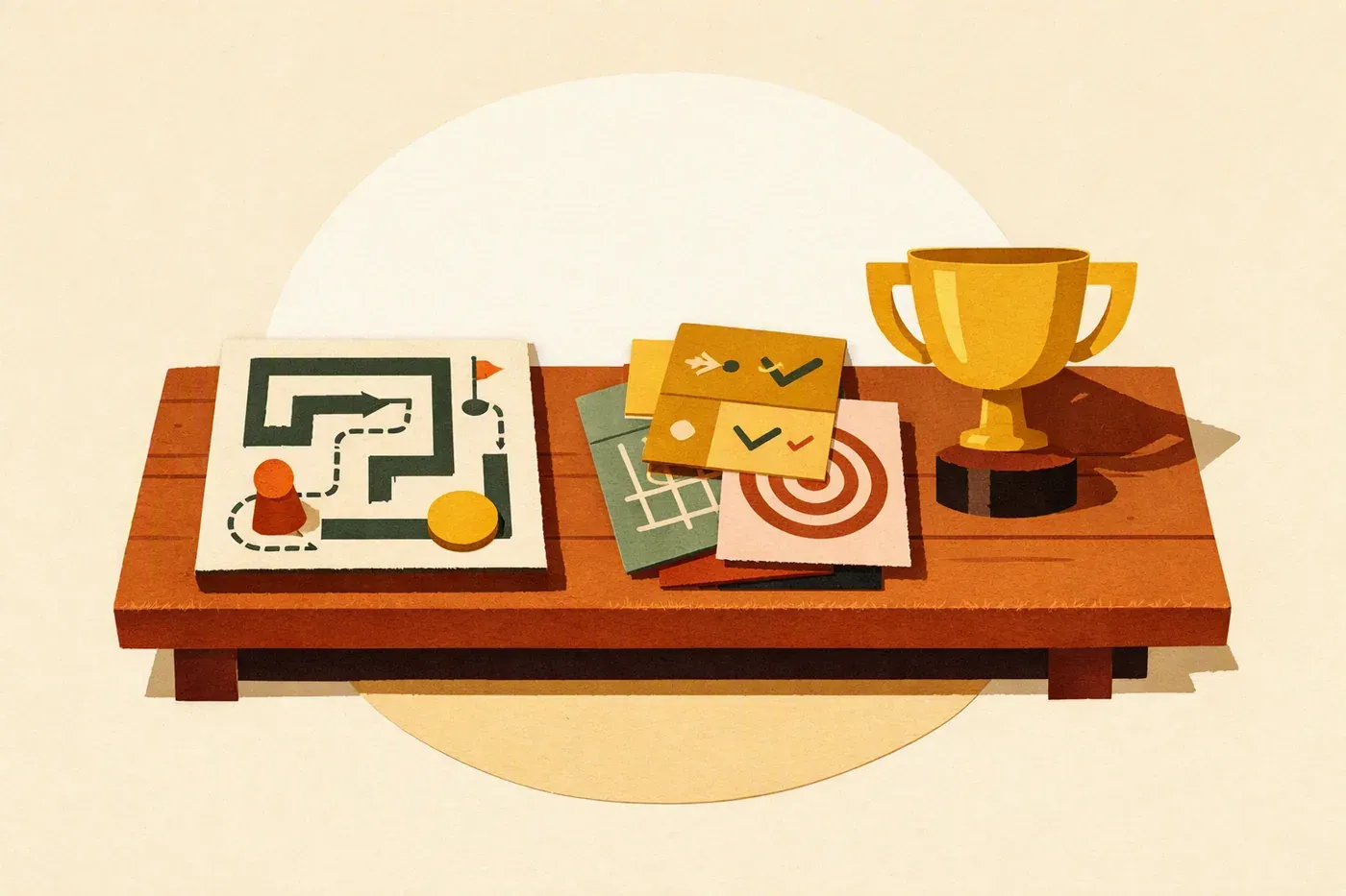 Plateau de labyrinthe, cartes de planification colorées et trophée sur une table en bois.
