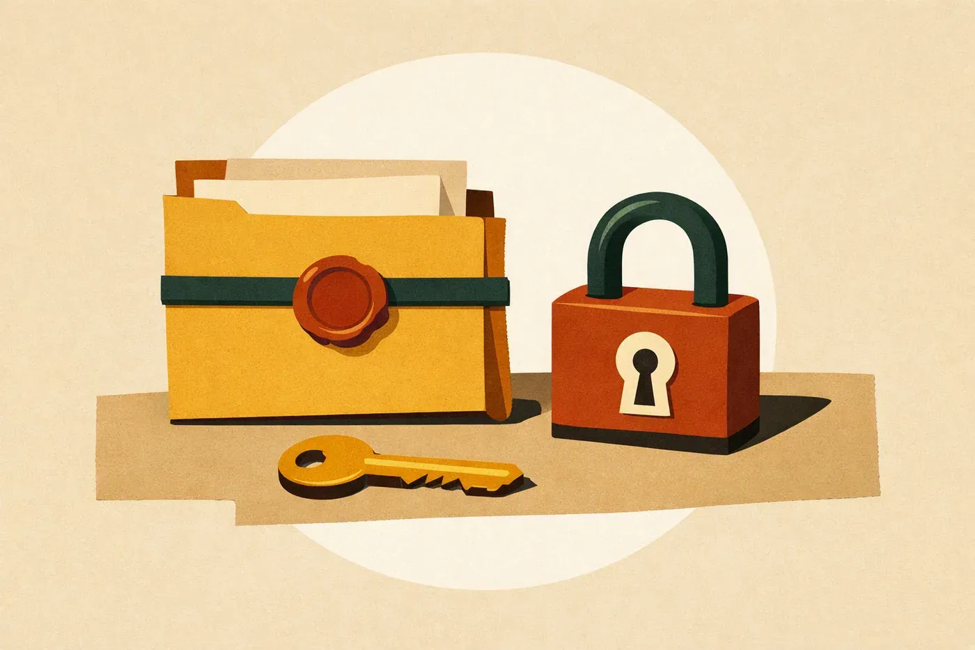 Clé, dossier fermé et cadenas posés sur une surface neutre.