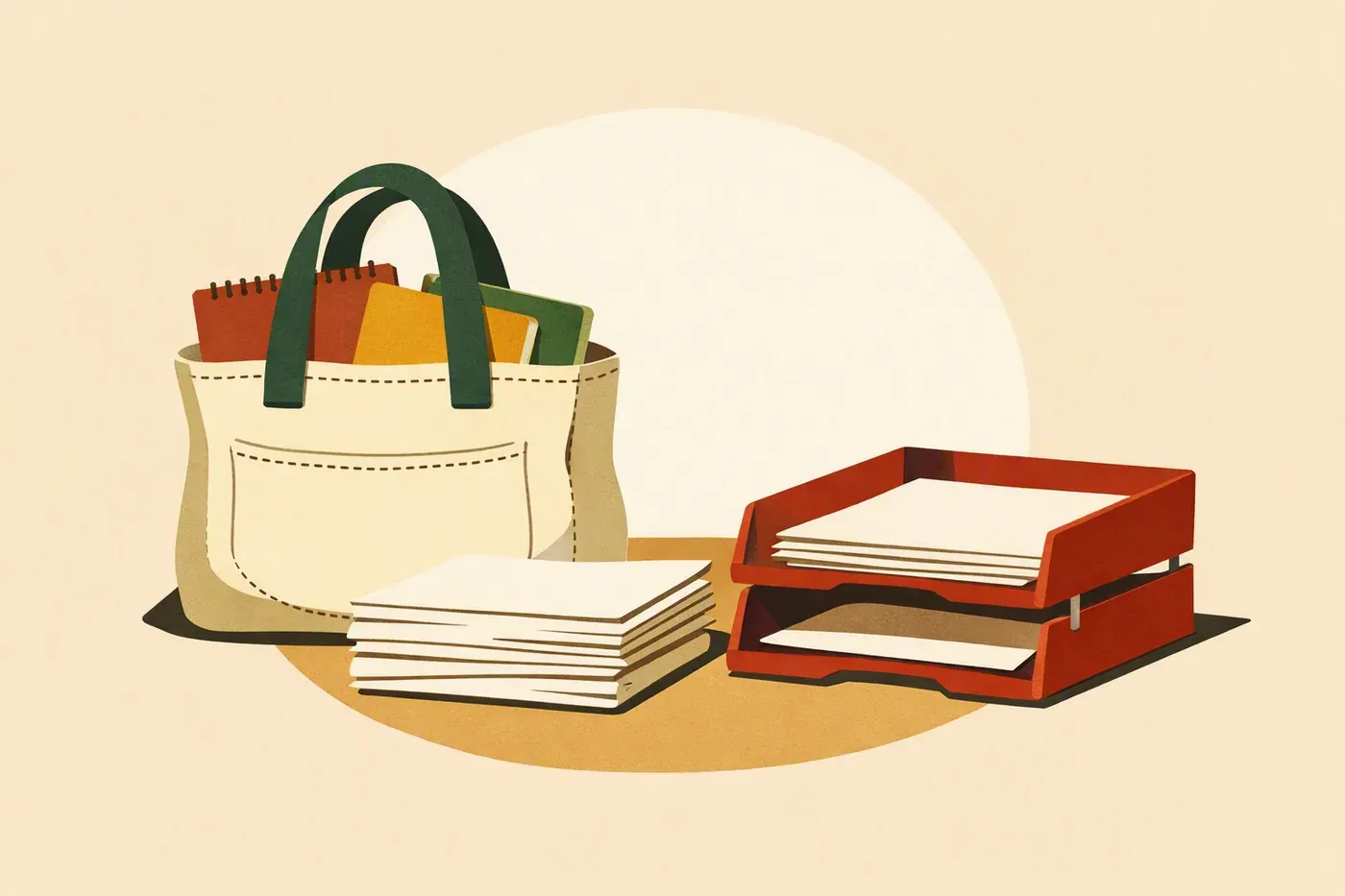 Sac en toile, copies sans inscriptions et bac de courrier sur table.