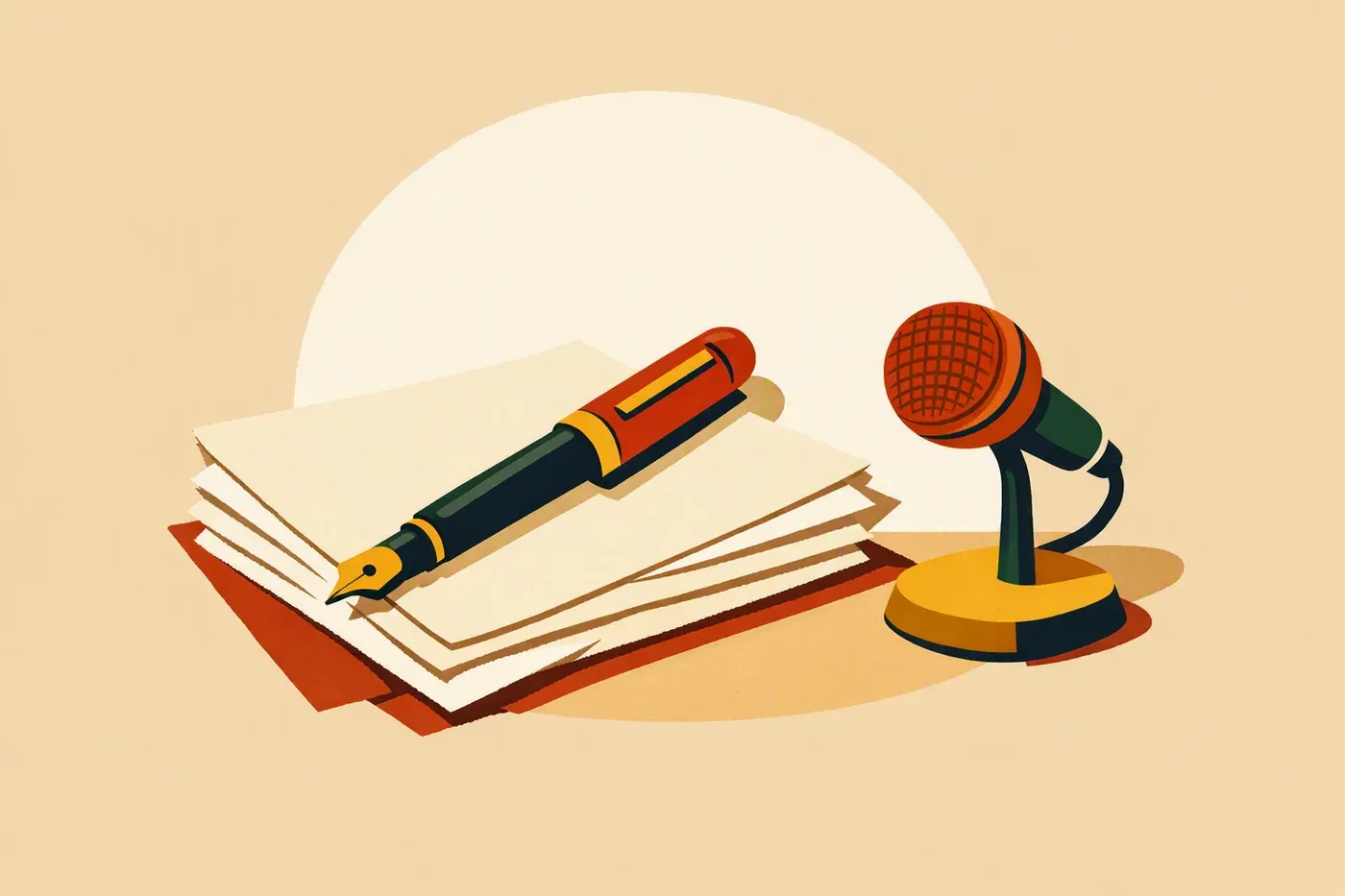 Stylo plume, feuilles blanches et petit microphone sur une table