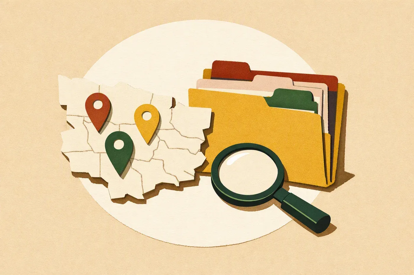 Carte avec repères, dossier à onglets et loupe pour rechercher un établissement.