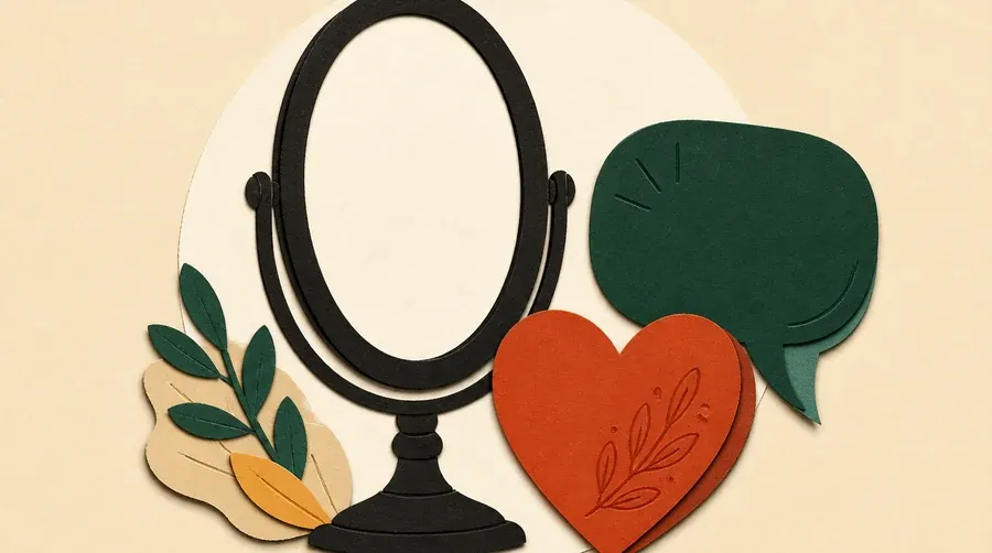 Miroir encre sombre, cœur terre cuite et bulle vert forêt centrés.