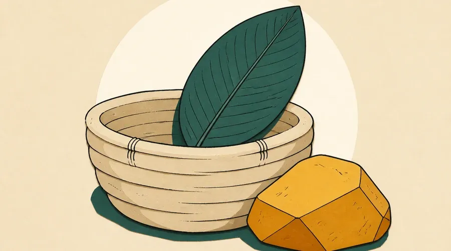 Un panier sable contient une feuille sauge, posé près d’un caillou ocre.