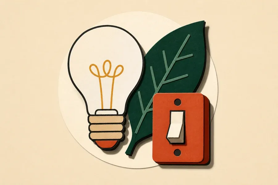 Ampoule crème, feuille vert forêt et interrupteur terre cuite centrés.