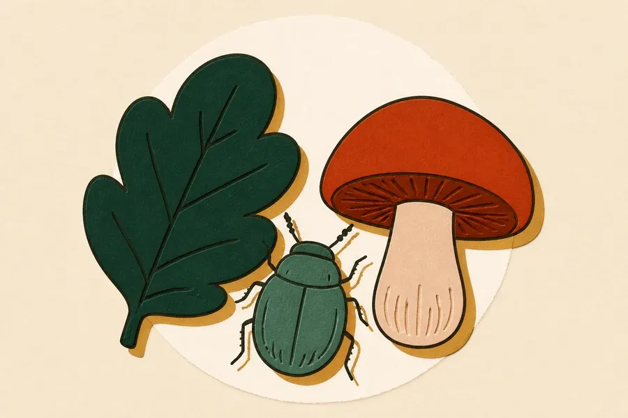 Feuille vert forêt, scarabée vert sauge et champignon terre cuite.