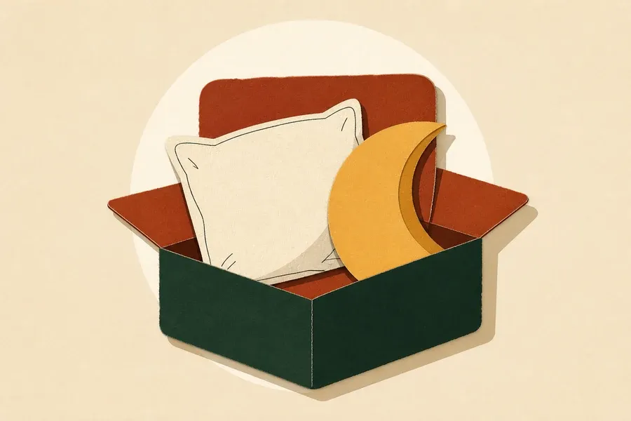 Une boîte sable contient un oreiller crème et un croissant de lune ocre.