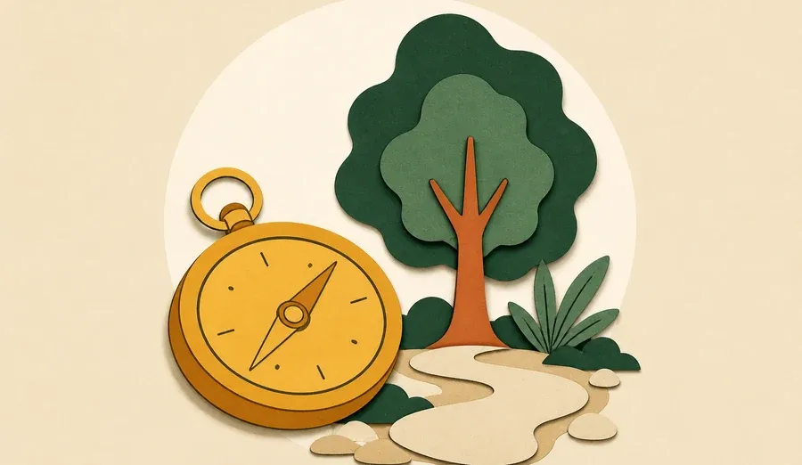 Un compas ocre accompagne un arbre vert forêt et un chemin sable.