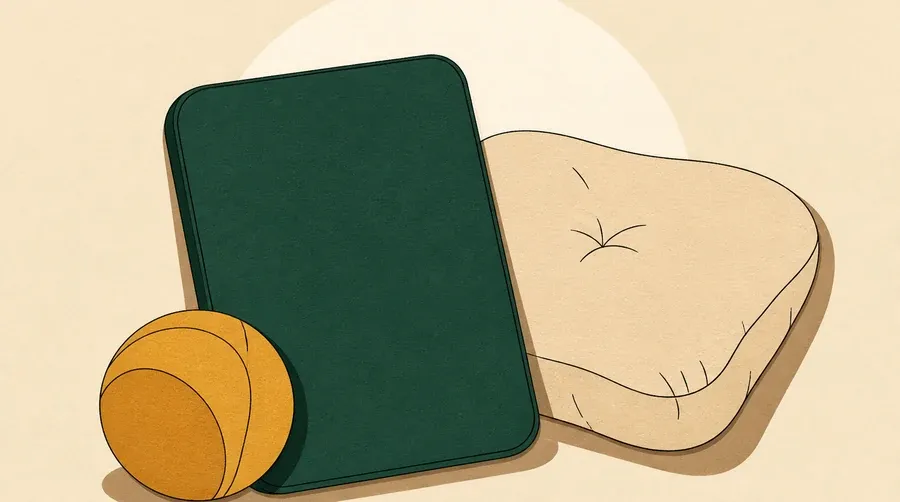 Une tablette sombre vide repose près d’un coussin sable et d’un ballon ocre.