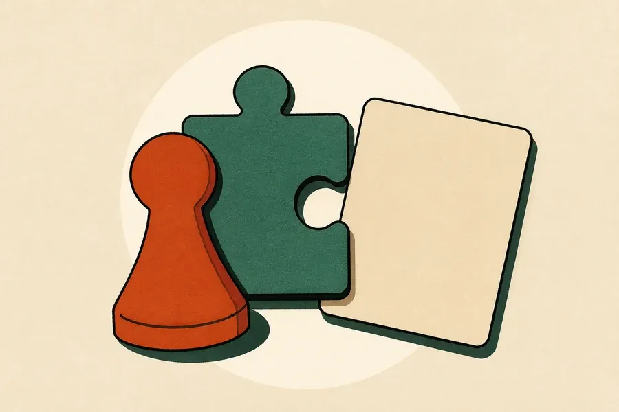 Un pion terre cuite, une pièce puzzle sauge et une carte crème se touchent.