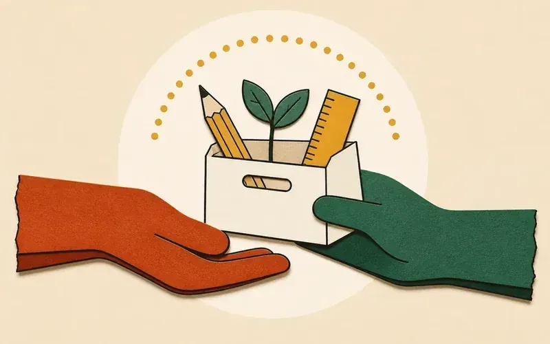 Deux mains colorées échangent une boîte contenant crayon, règle et jeune plante