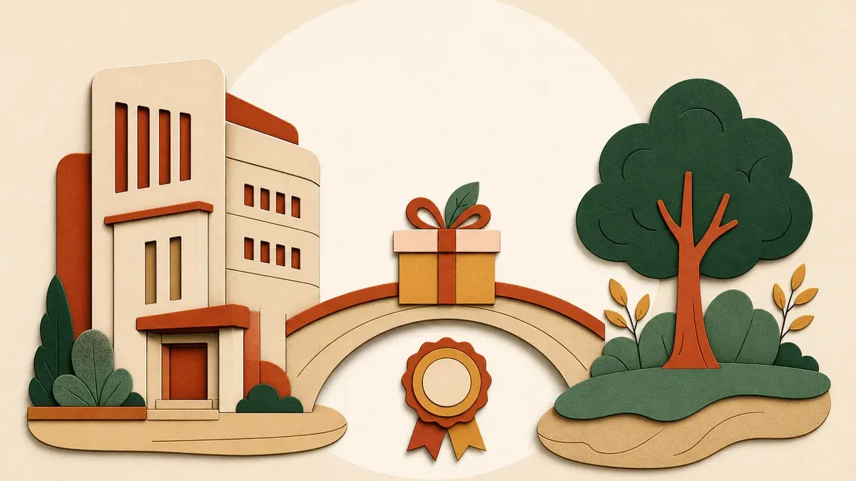 Illustration en papier découpé : immeuble de bureaux et îlot naturel reliés par un pont avec cadeau et badge scellé.