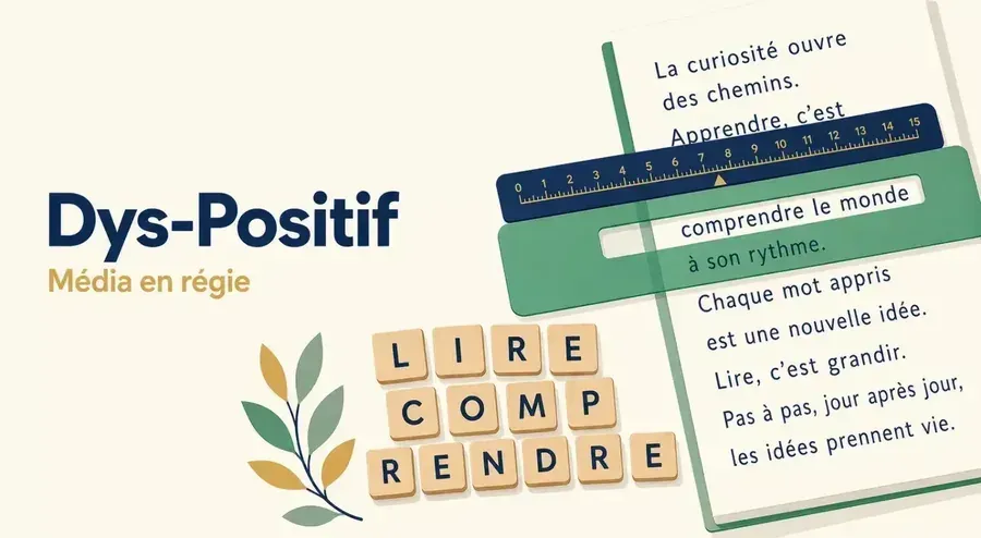 Logo Dys-Positif, lettres formant « lire comprendre », feuille et livre ouvert