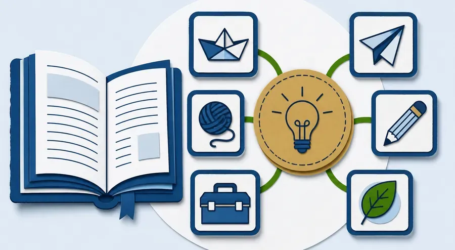 Livre ouvert relie a des pictogrammes de supports educatifs, illustration d un reseau de medias