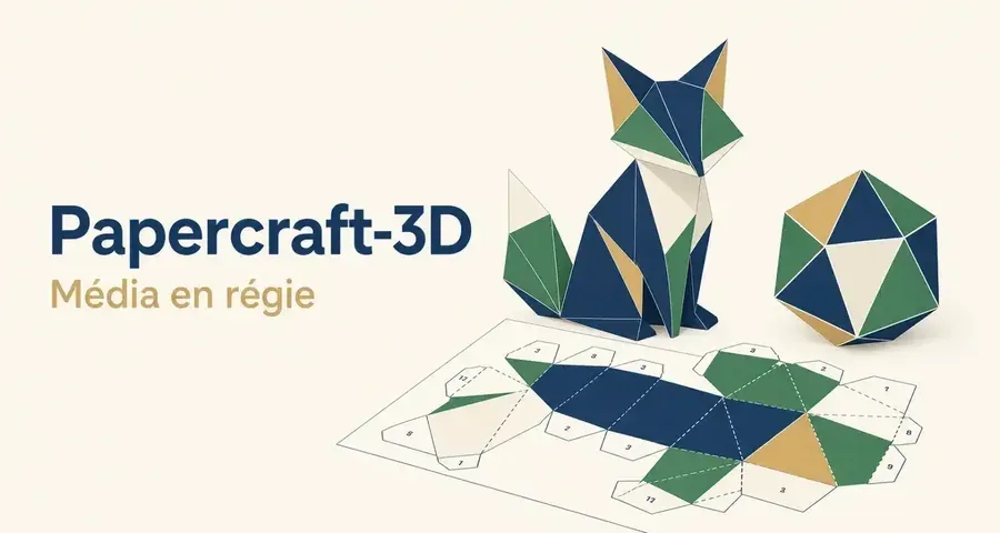 Maquette en papercraft bleu, vert et beige avec renard polygonal et patron découpé