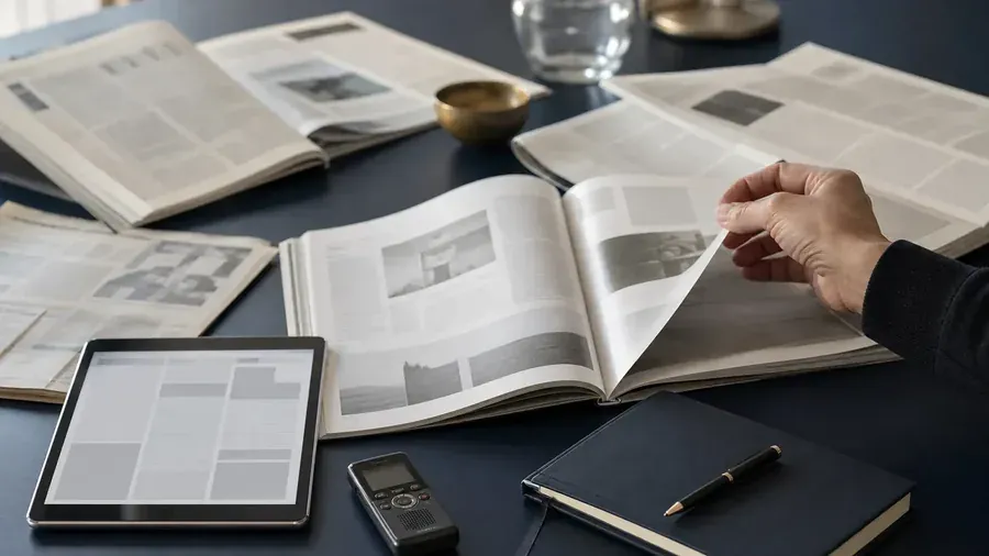 Magazines et revues ouverts sur un bureau a cote d une tablette