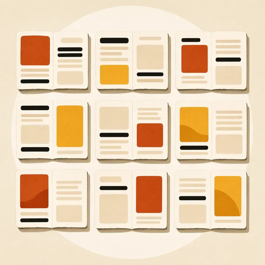 Livres ouverts crème aux blocs ocre, terre cuite et traits noirs alignés