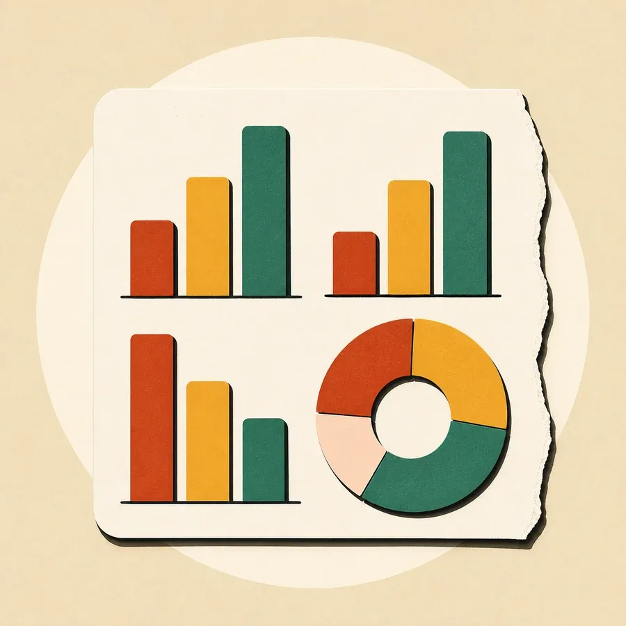 Tableau crème avec graphiques colorés en barres et diagramme circulaire ajouré