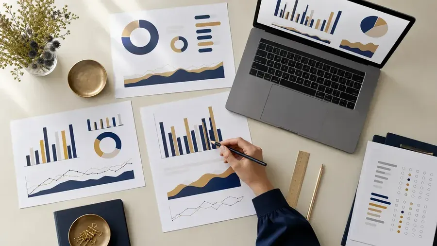 Tableaux de bord imprimés, graphiques et ordinateur portable sur un bureau de suivi de projet