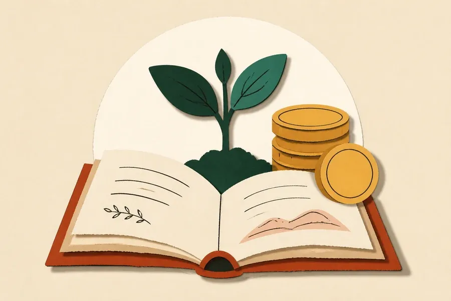 Un livre crème, des pièces ocre et une pousse vert forêt.