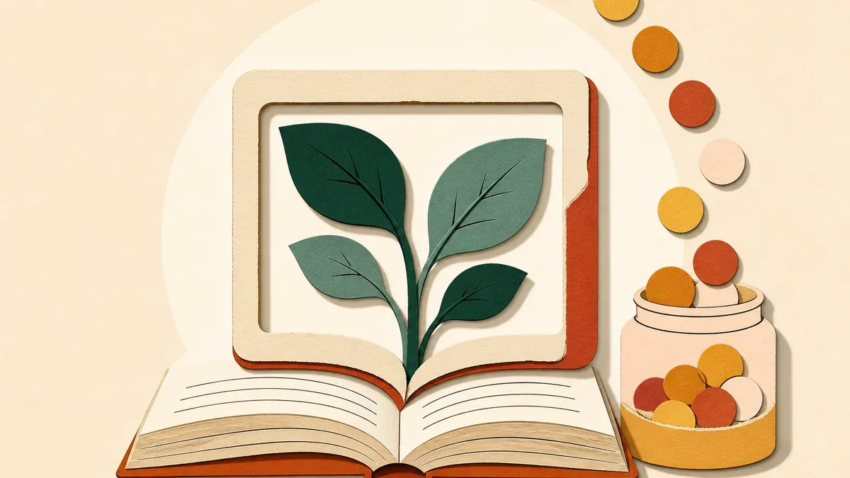 Plante en papier découpé poussant d’une fenêtre de navigateur posée sur un livre ouvert, pièces stylisées, collage éditorial