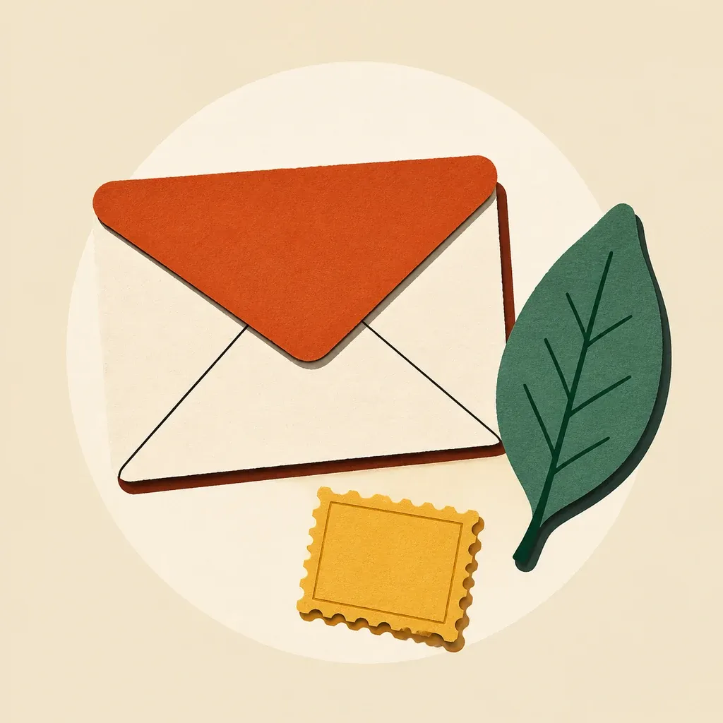 Une enveloppe crème fermée accompagne une feuille sauge et un carré ocre.