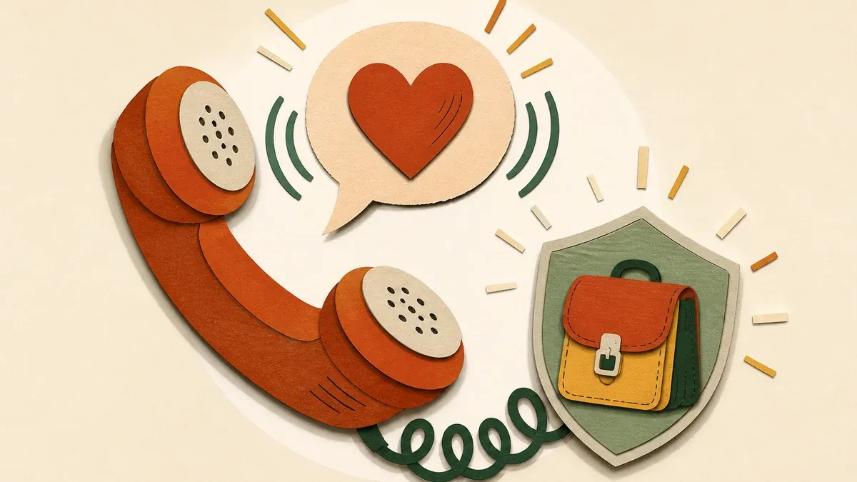 Combiné téléphonique en papier découpé relié à un bouclier orné d’un coeur, bulle de parole chaleureuse et ondes douces, collage éditorial