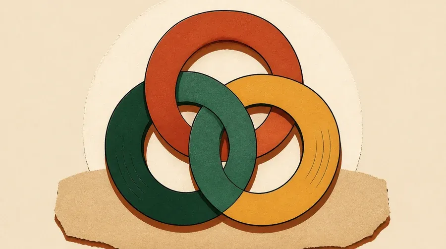 Trois anneaux terre cuite, vert forêt et ocre reliés sur sable